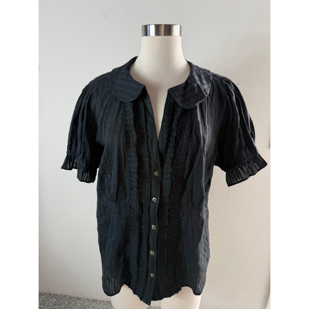 NEW Pilcro Anthropologie Womens XL Keira Blouse Black Ruffle Peter Pan Collar